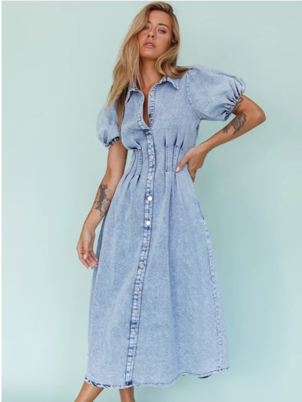 Denim Dress - Pleated Waist Midi Dress